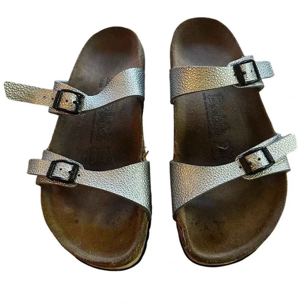 Birkis by Birkenstock Sydney Metallic Silver Buckle Slide‎ Sandals EU 39 US 8